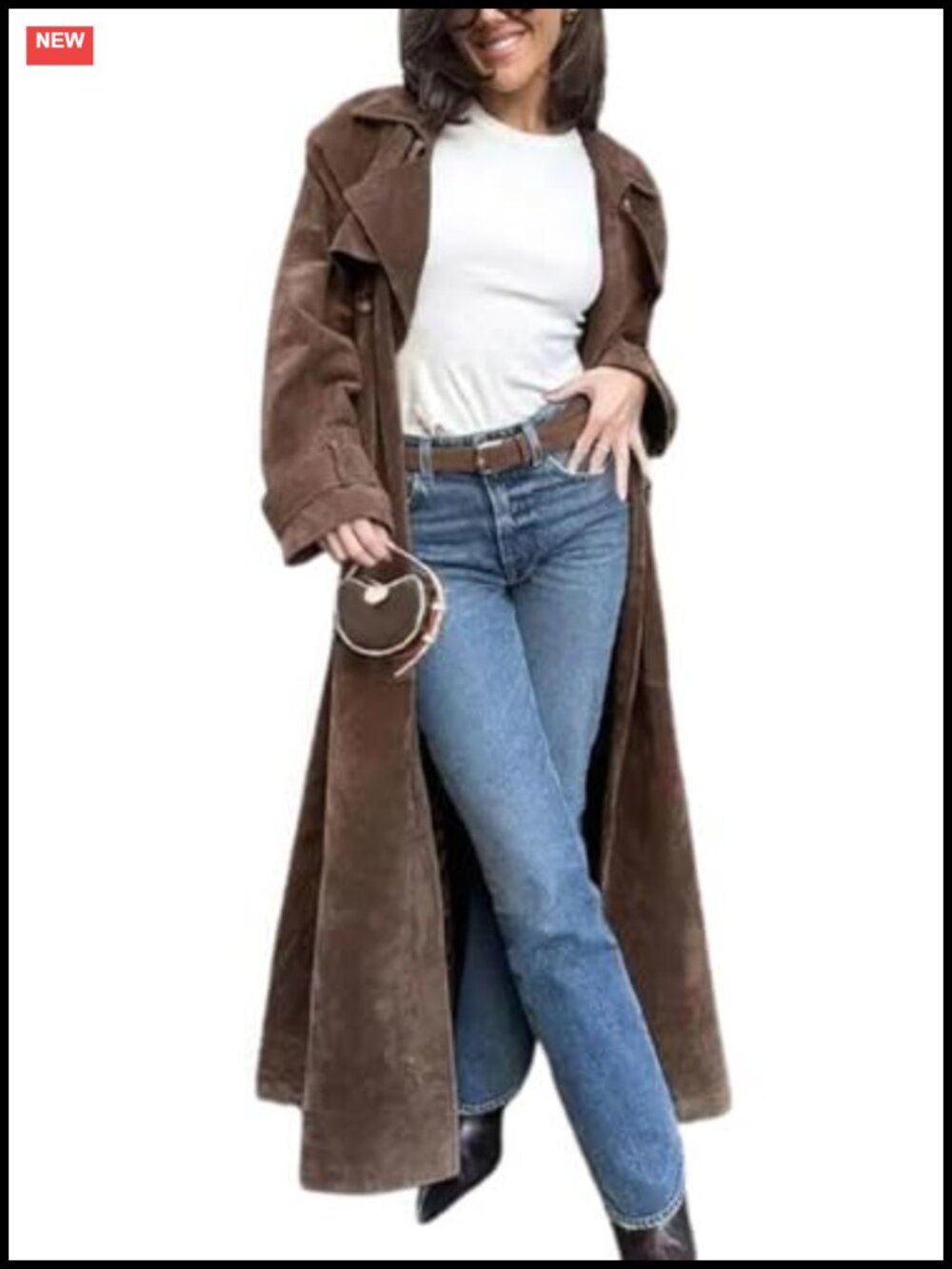 Faux Suede Trench Coat Belted Double Breasted Maxi Overcoat Women